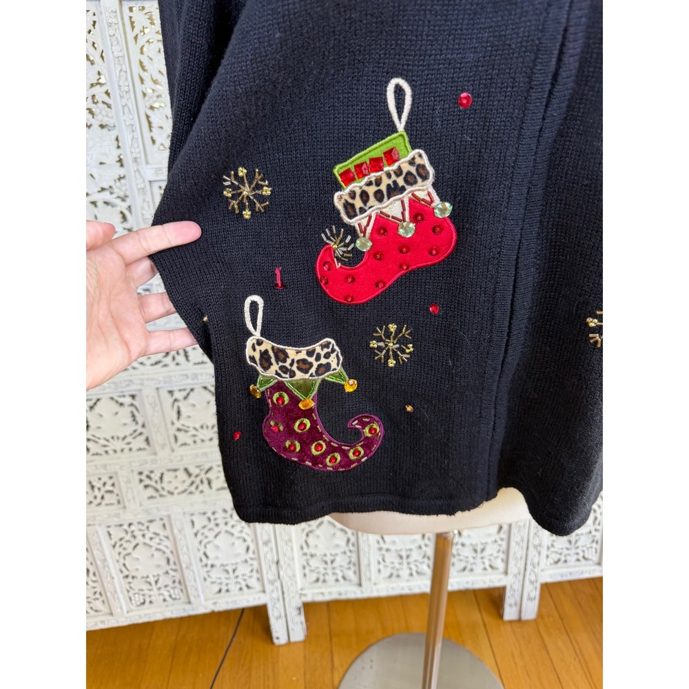 Vtg Tiara International Christmas Holiday Cardigan Sz Large Faux Fur Cheetah - Picture 4 of 8